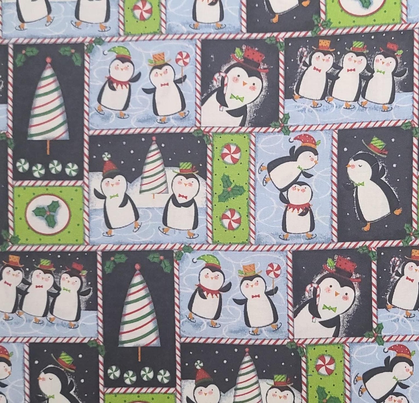 Keepsake Calico JoAnn Fabrics - Cartoon Penguin Christmas Print Block Fabric / Candy Cane Sashing