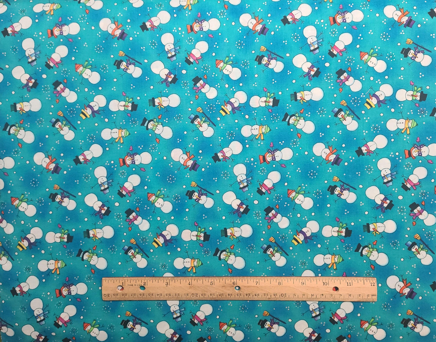 KP Kids & Co by Kari Pearson for SSI - Bright Blue Tonal Fabric / Tossed Snowman Print / Silver Metallic Accents