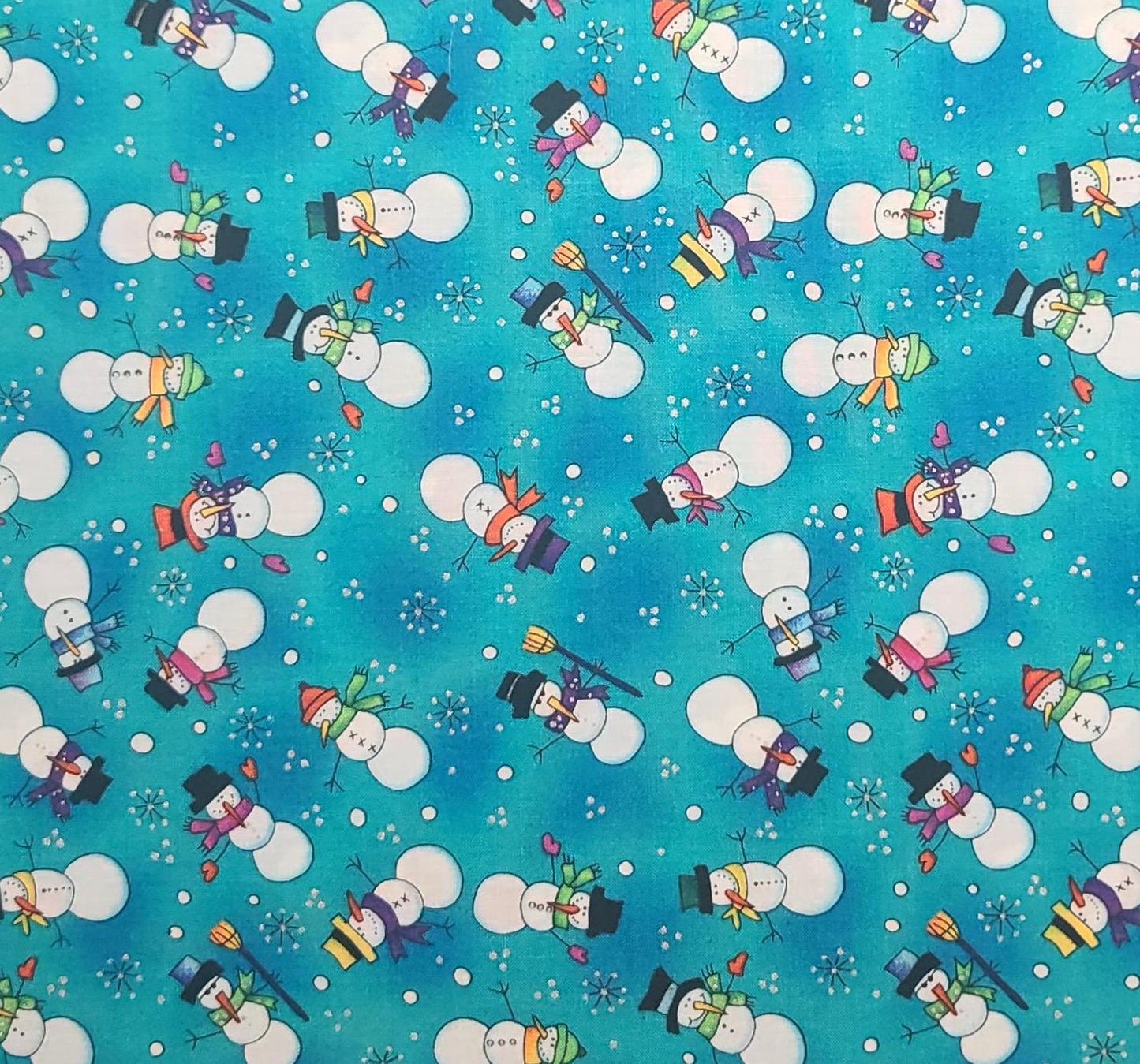 KP Kids & Co by Kari Pearson for SSI - Bright Blue Tonal Fabric / Tossed Snowman Print / Silver Metallic Accents