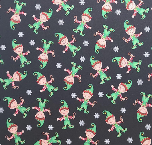 EOB - Timeless Treasures Fabrics of SoHo Patt #KIDZ-C3377 - Black Fabric / Tossed Elf and Snowflake Print