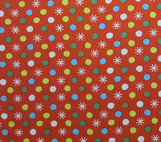 Maker's Holiday Fabric JoAnn Fabrics - Red Fabric / Bright Green, Blue, White, Green Tossed Bubbles and White Snowflakes