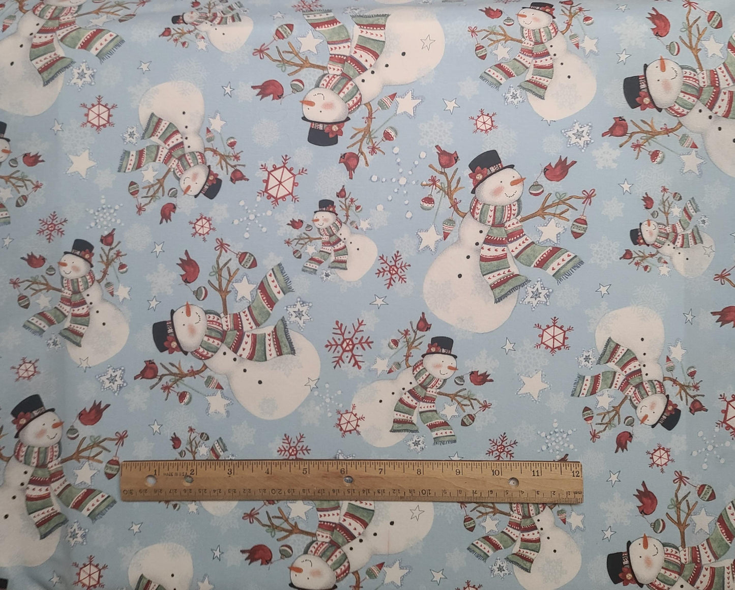 CP64375 Valentine Snowman Susan Winget - Pale Blue Fabric / Tossed Snowman, Snowflake, Star Print