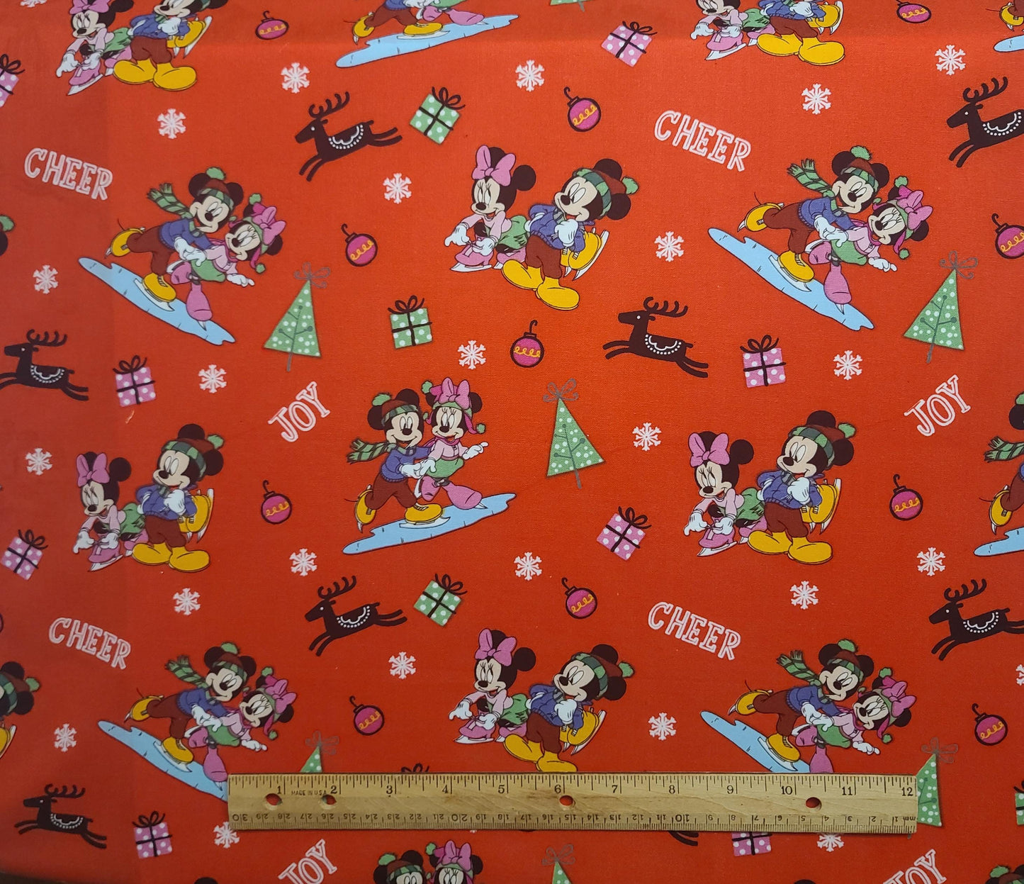 CP64175 Mickey & Friends Home For the Holidays Disney Springs Creative Product 2017 - Red Fabric / Scattered Mickey, Minnie, Reindeer Print