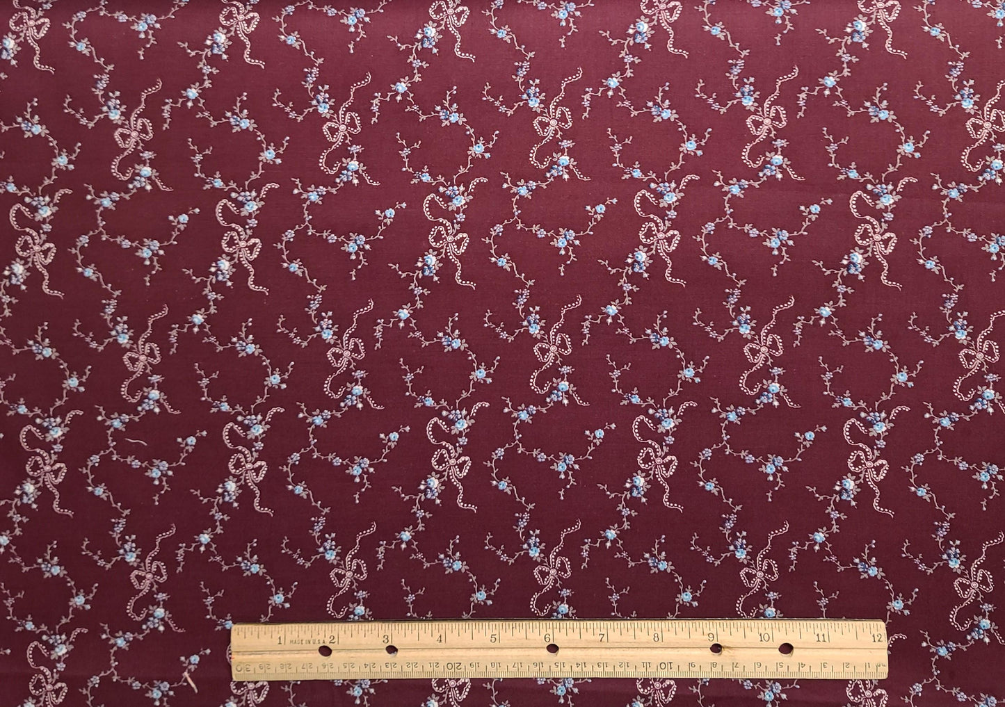 VIP Print Cranston Print Works  - Wine Colored Fabric / White, Blue, Olive Ribbon and Flower Vine Print