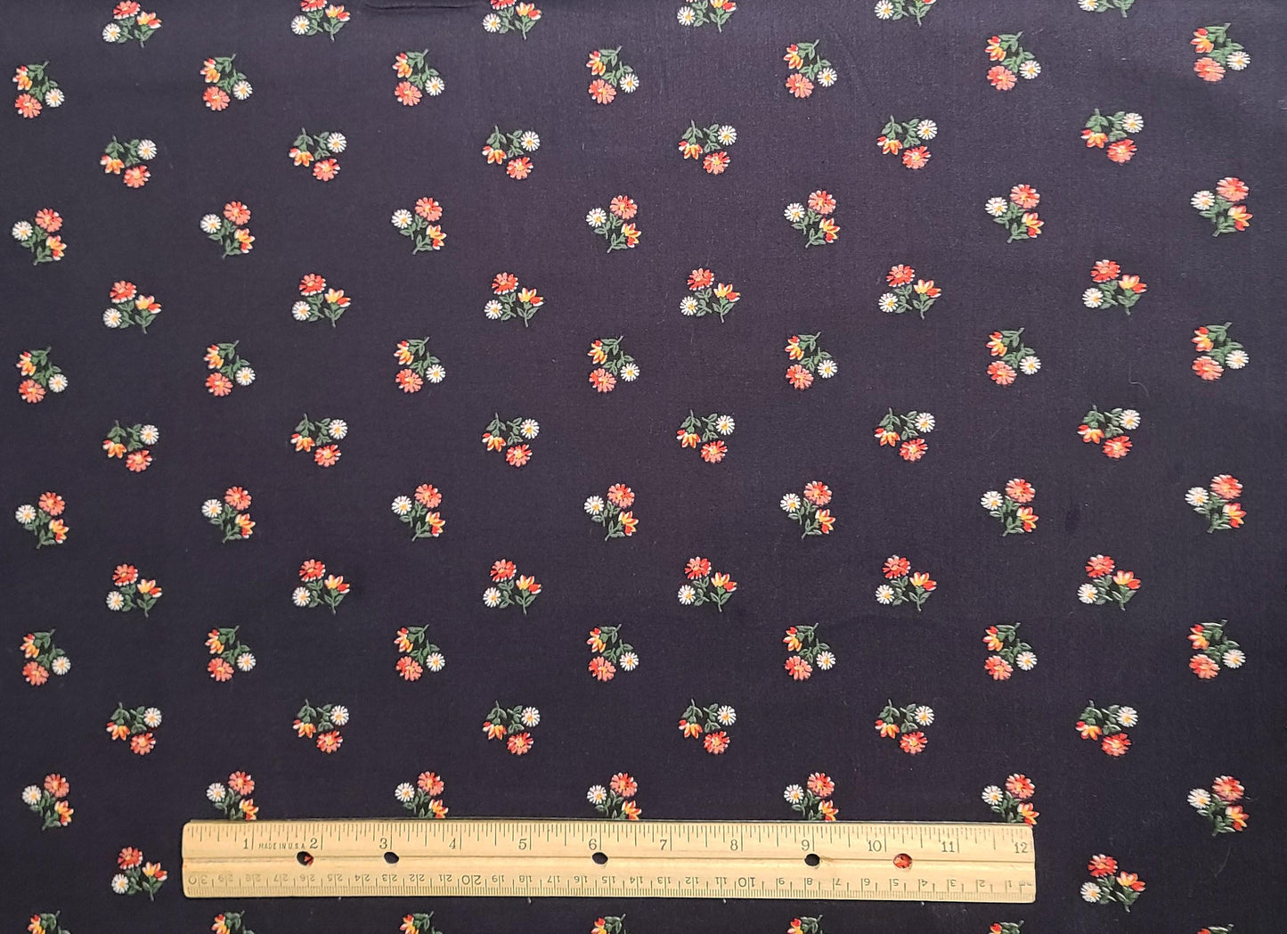 Midnight Blue Fabric / Pink, White, Green Tossed Flower Print - Selvage to Selvage Print