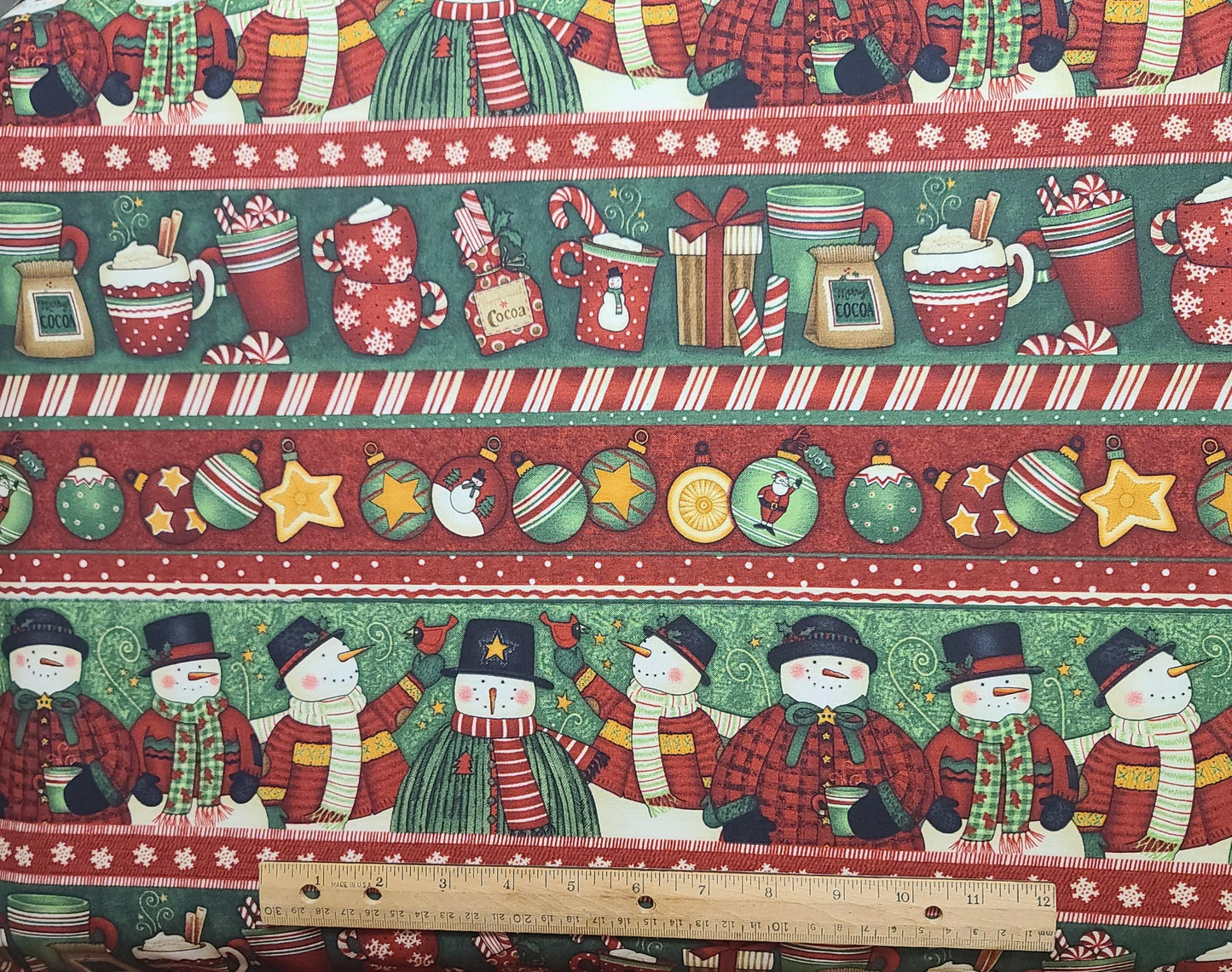 Christmas Baskets by Debbie Mumm for Quilt Shops SSI - Border Stripe Snowman, Ornaments, Cocoa Mugs Print Fabric