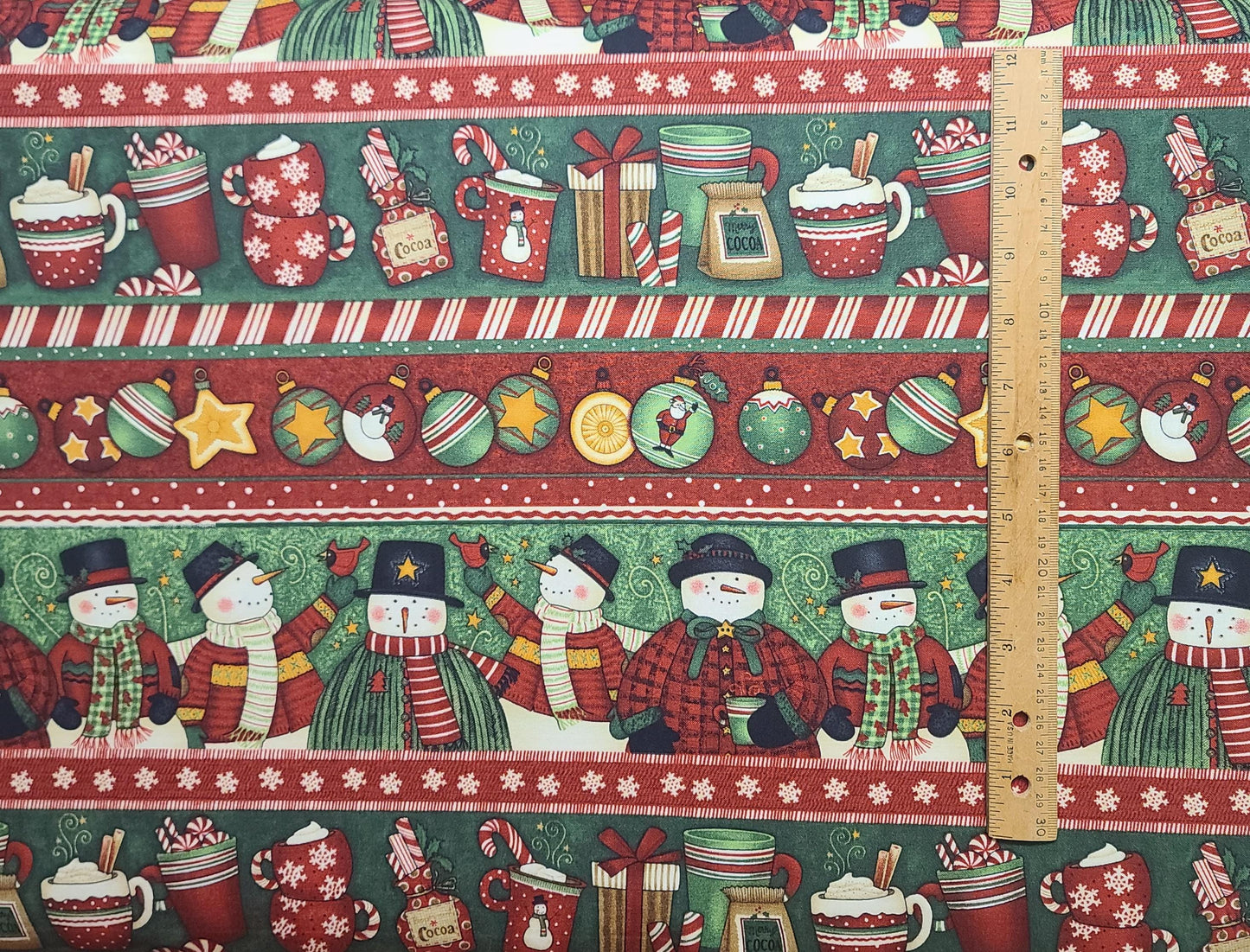 Christmas Baskets by Debbie Mumm for Quilt Shops SSI - Border Stripe Snowman, Ornaments, Cocoa Mugs Print Fabric