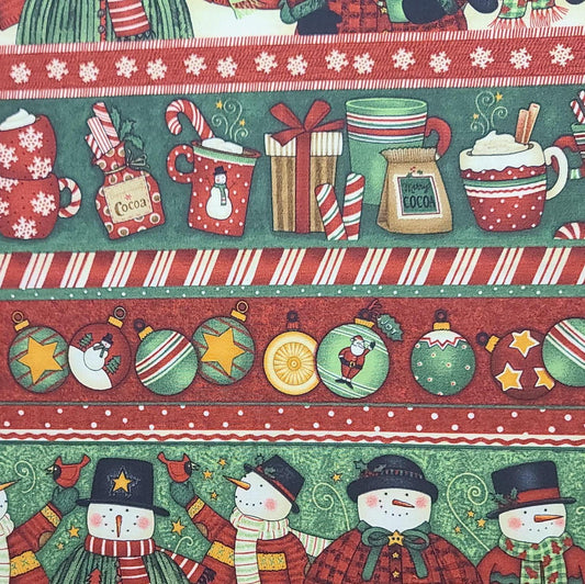 Christmas Baskets by Debbie Mumm for Quilt Shops SSI - Border Stripe Snowman, Ornaments, Cocoa Mugs Print Fabric