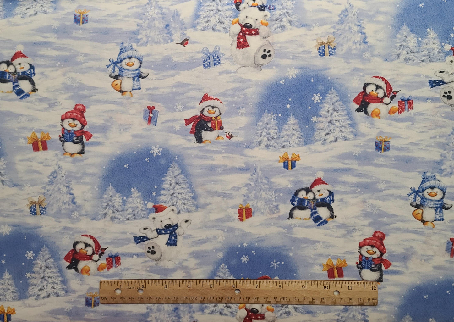 Snow What Fun Makiko WP - Blue and White Horizontal (Selvage to Selvage) Winter Print Fabric / Penguins, Polar Bears, Gifts, Trees