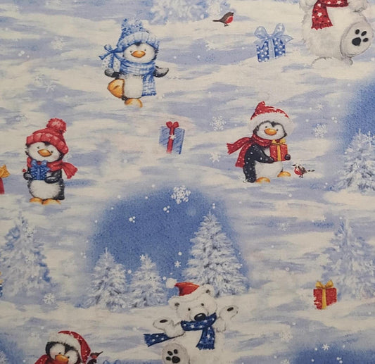 Snow What Fun Makiko WP - Blue and White Horizontal (Selvage to Selvage) Winter Print Fabric / Penguins, Polar Bears, Gifts, Trees