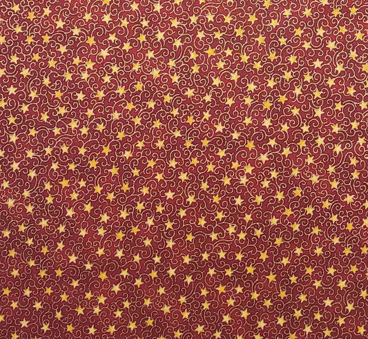 EOB - Tis the Season Hoffman International Fabrics - Dark Red Fabric / Gold Star / Gold Metallic Scroll