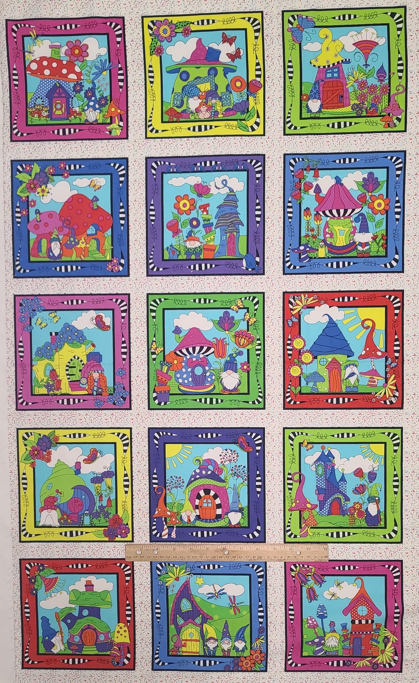 PANEL - Garden Gnomes Gnome From the Block Sue Marsh WP Creek Co RJR Fabrics - White Fabric / Brightly Colored Gnome Blocks / Panel~24"x44"