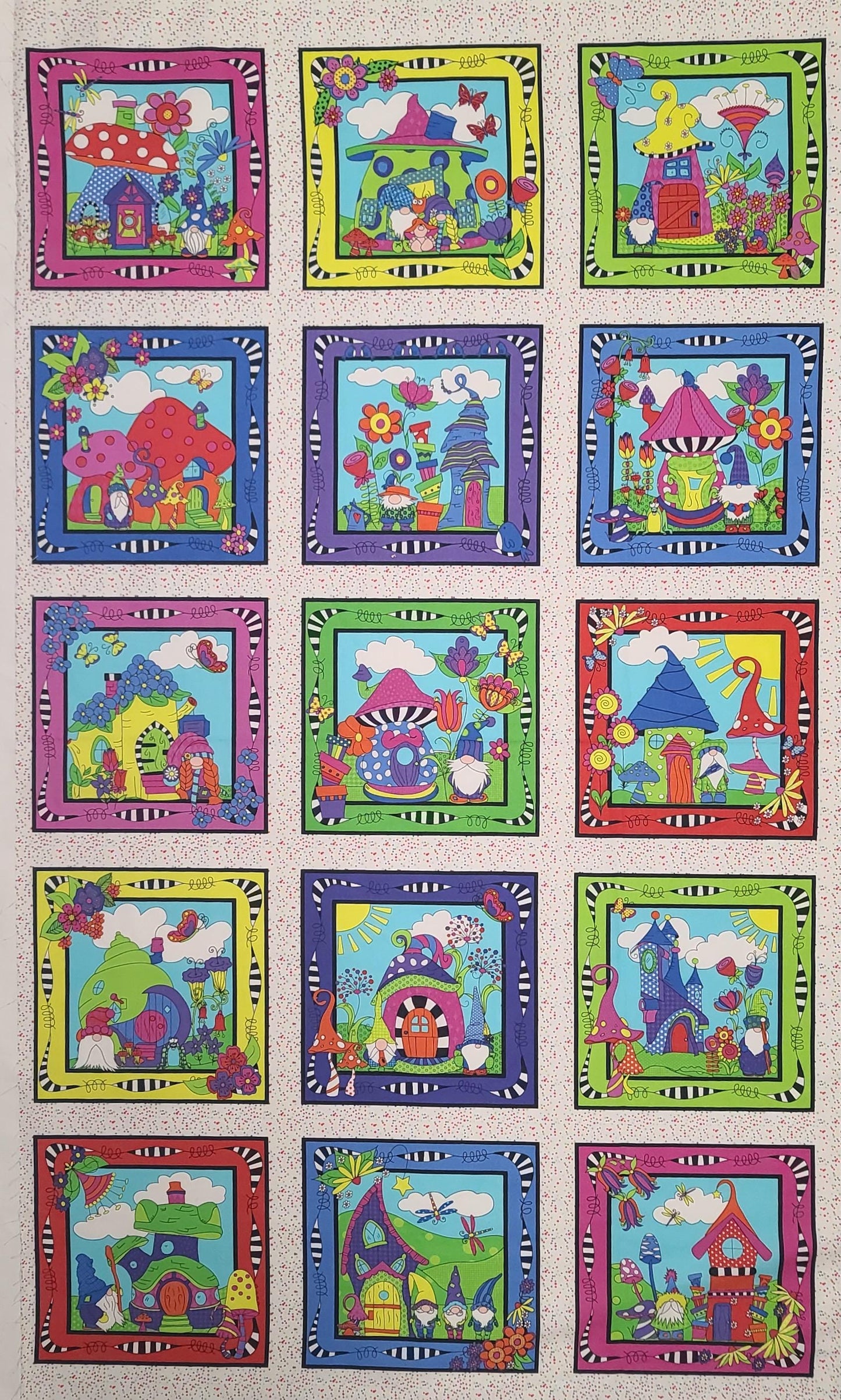 PANEL - Garden Gnomes Gnome From the Block Sue Marsh WP Creek Co RJR Fabrics - White Fabric / Brightly Colored Gnome Blocks / Panel~24"x44"