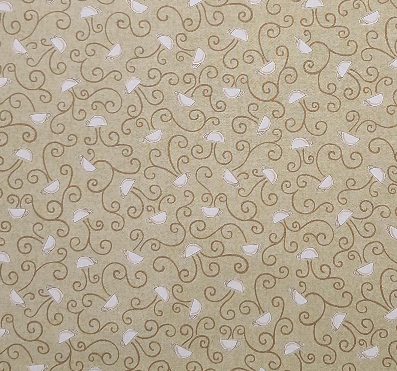 Lotta Latte! By Deb Strain for Moda Pattern #19125 - Golden Tan Tonal Fabric / Light Brown Scroll / Cream Coffee Cup Print