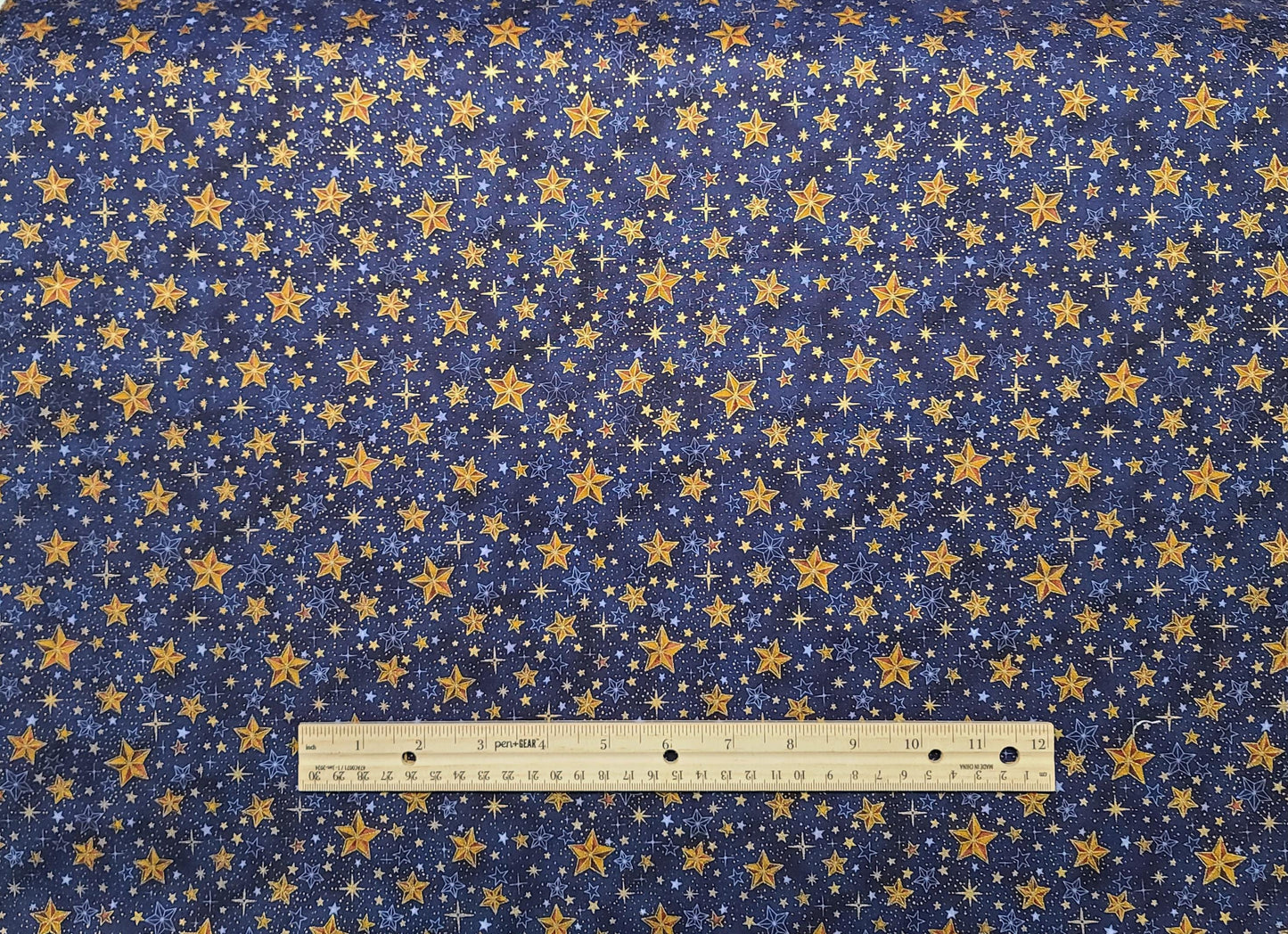 Celestials by Hoffman International Fabrics - Navy Fabric / Light Blue, Brown, Gold Metallic Star Print