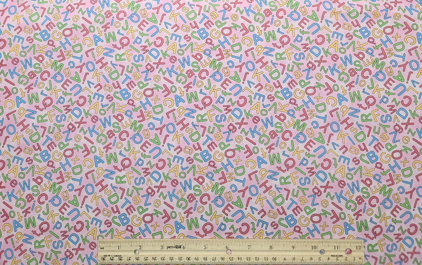 Beth Bruske for Telegraph Road Studio - Pink Tonal Fabric / Bright Pastel Tossed Alphabet Print