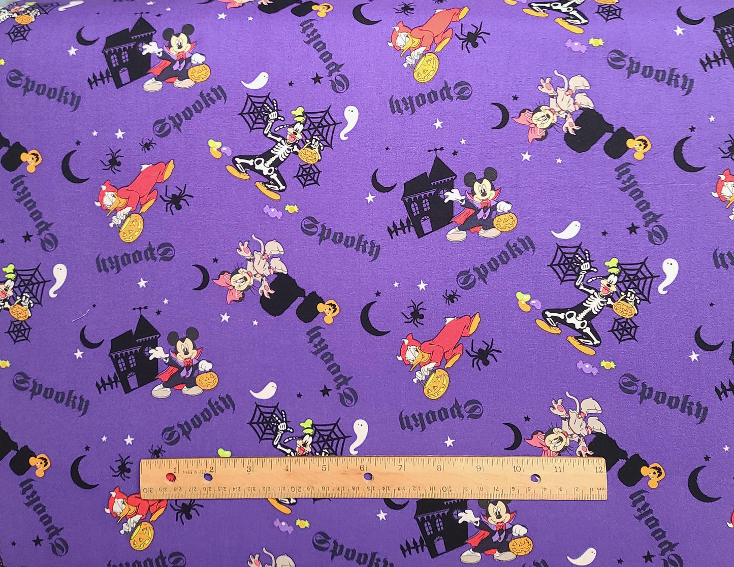 EOB - CP58599 Mickey Spooky Disney for Springs Creative Product Group 2016 - Purple Fabric / Tossed Mickey and Friends, Spiderweb, Halloween Print