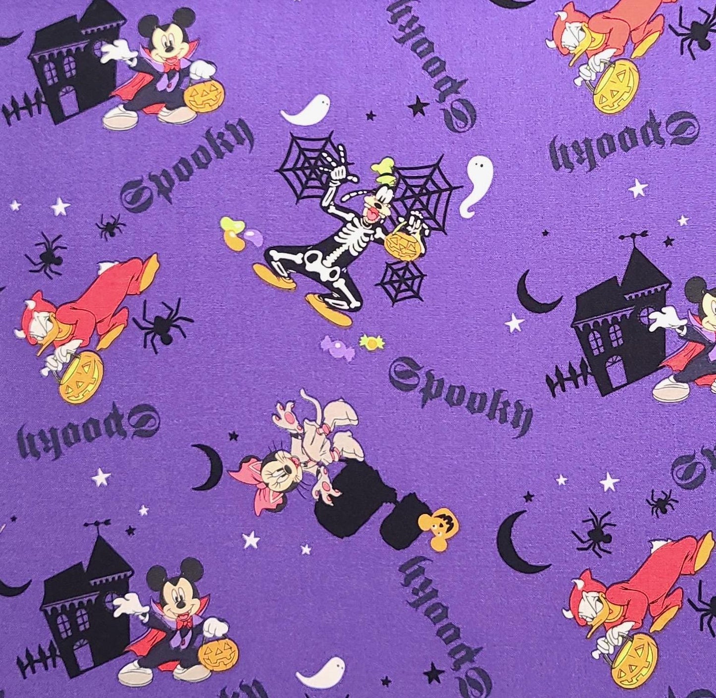 EOB - CP58599 Mickey Spooky Disney for Springs Creative Product Group 2016 - Purple Fabric / Tossed Mickey and Friends, Spiderweb, Halloween Print