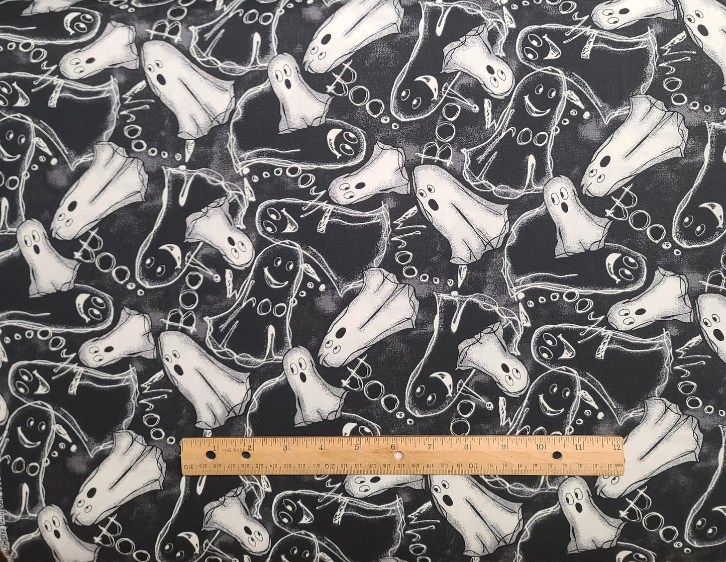 Fabric Traditions 2017 Glow in the Dark - Black and Charcoal Tonal Fabric / White Ghost and Boo Print