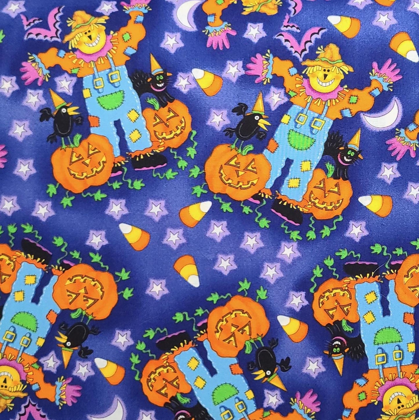 Timeless Treasures for Hi-Fashion Fabric Inc 1999 - Blue, Purple, Orange, Bright Blue Scarecrow Print Fabric