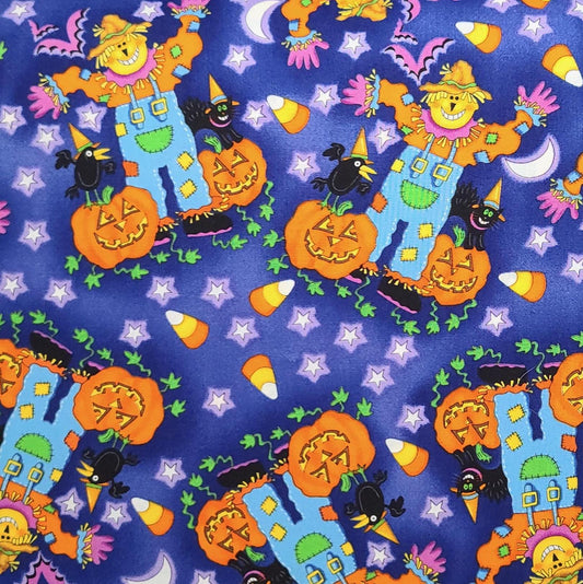 Timeless Treasures for Hi-Fashion Fabric Inc 1999 - Blue, Purple, Orange, Bright Blue Scarecrow Print Fabric