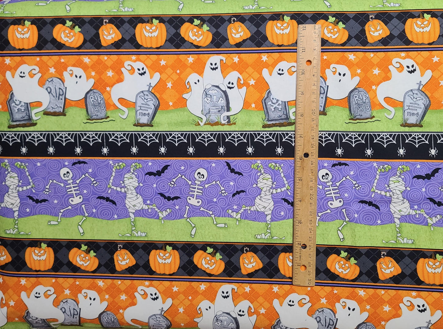 Ghostly 'Glow' Town by Shelly Comiskey for Henry Glass & Co Patt #1680G - Brightly Colored Halloween Border Stripe Print Fabric