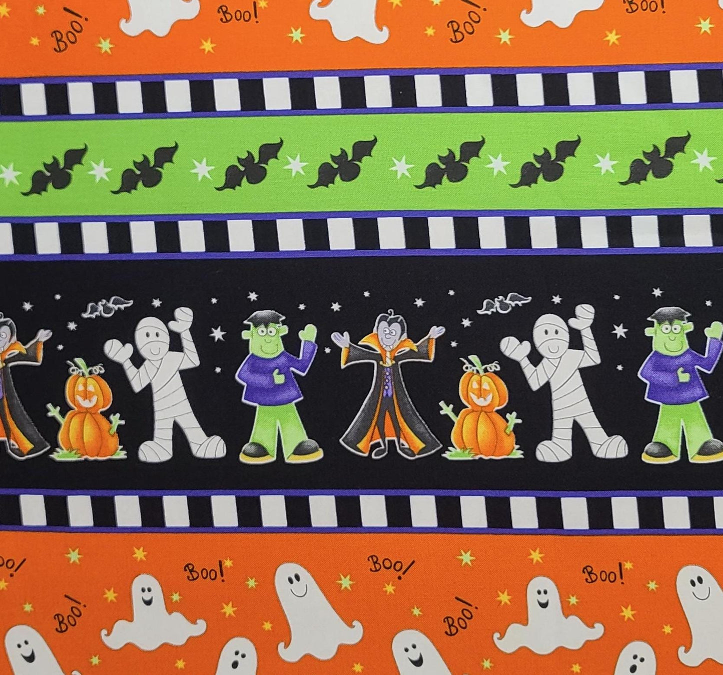 Here We Glow Delphine Cubitt for Henry Glass & Co Inc Pattern #9543G - Halloween Border Stripe Fabric / Cartoon Mummy, Vampire, Bats, Ghosts