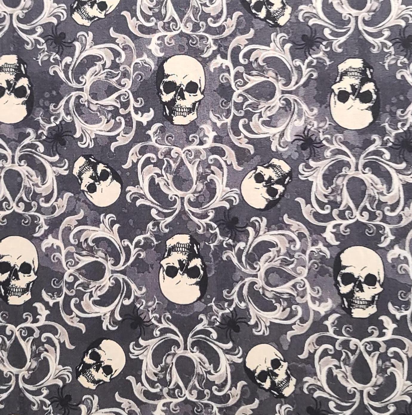 JoAnn Fabrics - Gray Tonal Fabric / White Scroll and Skull Halloween Print