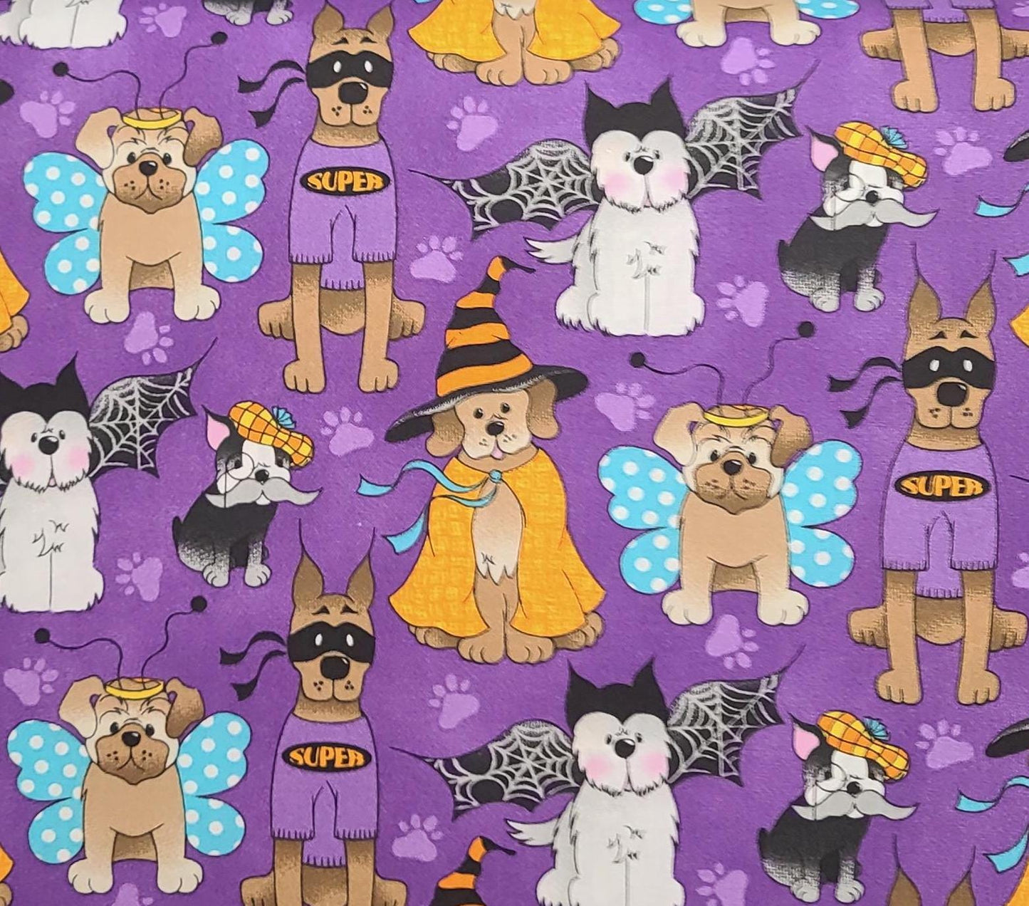 Patty Reed Designs 2018 Laurie Campbell La-Di-Draw Inc Fabric Traditions - Purple Fabric / Cartoon Dogs in Halloween Costumes