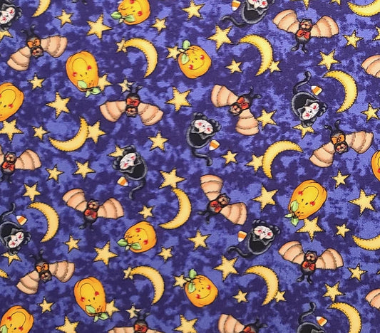 Rose Carlton Timeless Treasures - Purple Tonal Fabric / Cartoon Pumpkin, Bats, Black Cats, Star and Moon Halloween Print