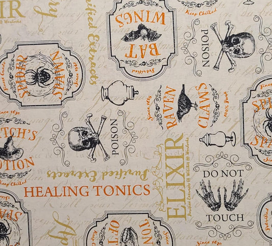 Under A Spell Jennifer Pugh WP - Ivory Fabric / Gold, Orange, Black Potion Labels Print