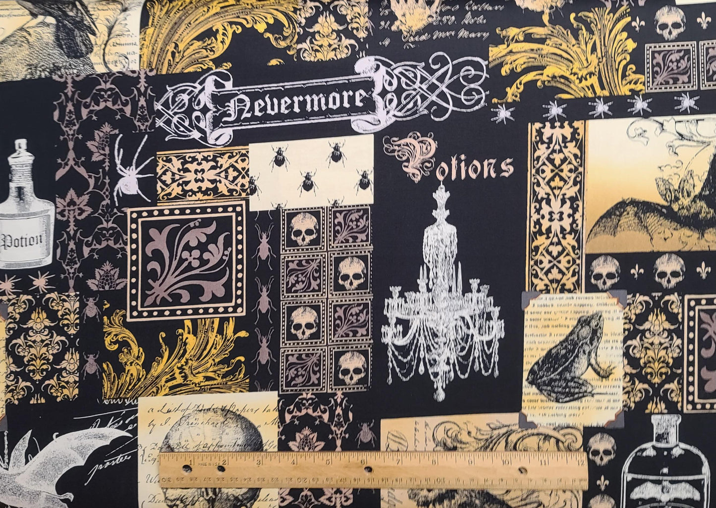 Nevermore Collection Jillian Fullard Michael Miller Fabrics Patt#DC5522 Nevermore Collage - Black, Ivory, Gold, Taupe Halloween Print Fabric