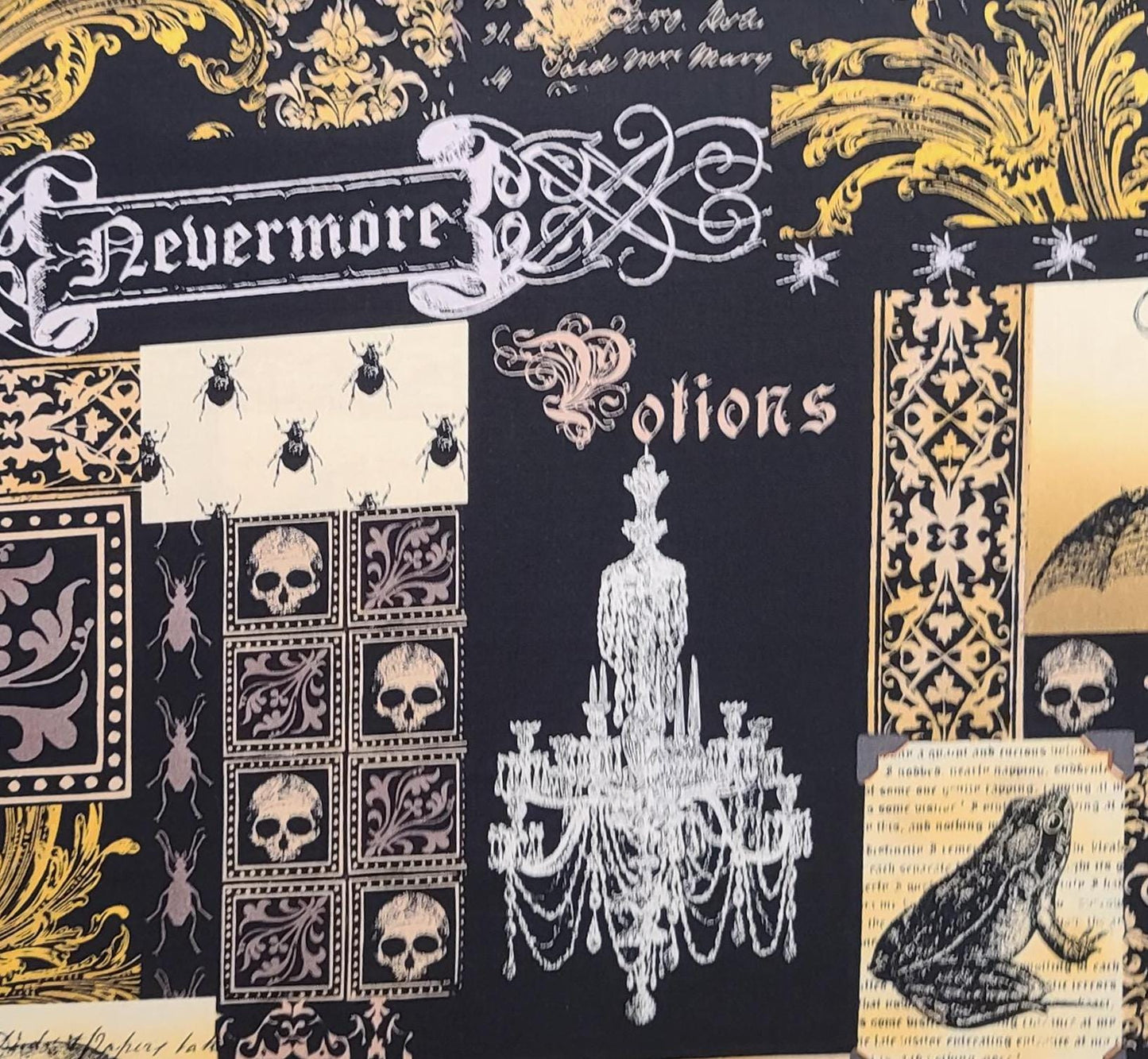 Nevermore Collection Jillian Fullard Michael Miller Fabrics Patt#DC5522 Nevermore Collage - Black, Ivory, Gold, Taupe Halloween Print Fabric