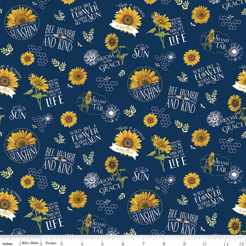 Honey Bees and Flowers Please by Tara Reed 2024 for Riley Blake Designs Pattern C15130 Main - Navy Fabric / Sunflower and White Script Print