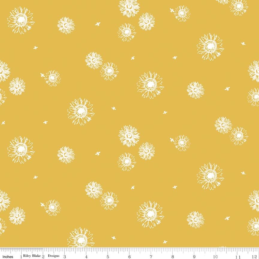 Honey Bees and Flowers Please by Tara Reed 2024 Riley Blake Designs Pattern C15134 Tonal Sunflowers - Gold Fabric / White Sunflower Print