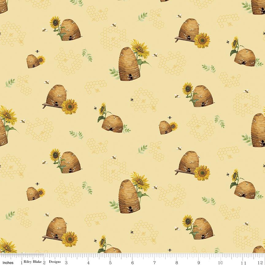 Honey Bees and Flowers Please by Tara Reed 2024 Riley Blake Designs Pattern C15132 Beehives - Yellow Fabric / Beehive, Sunflower, Honeycomb