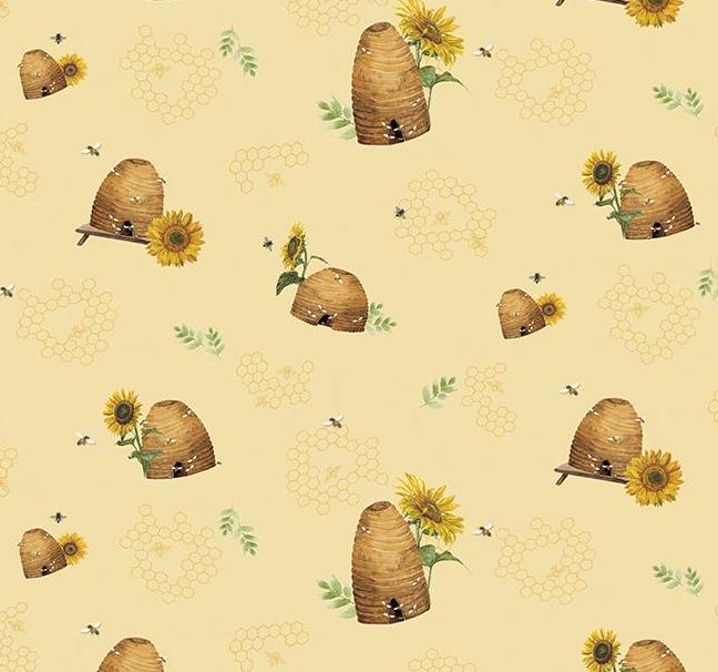 Honey Bees and Flowers Please by Tara Reed 2024 Riley Blake Designs Pattern C15132 Beehives - Yellow Fabric / Beehive, Sunflower, Honeycomb