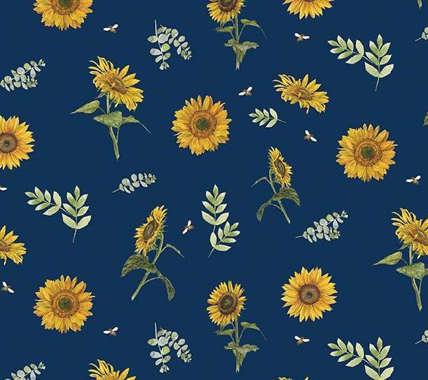 Honey Bees and Flowers Please by Tara Reed 2024 Riley Blake Designs Pattern C15133 Sunflowers and Bees - Navy Fabric / Sunflower, Leaf, Bee