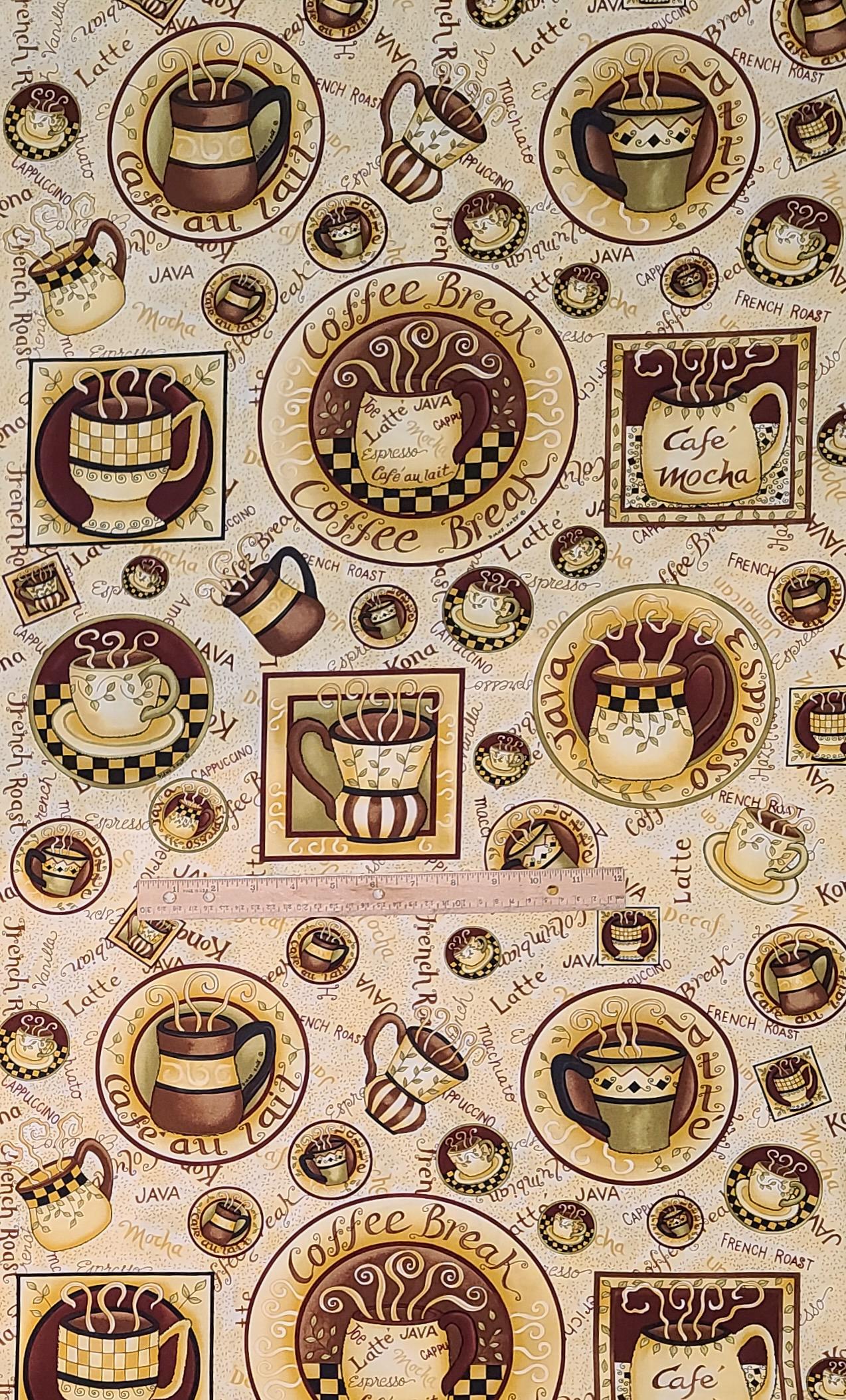 Coffee Break by Diane Knott for Clothworks - Cream Tonal Fabric / Brown, Gold Coffee Print