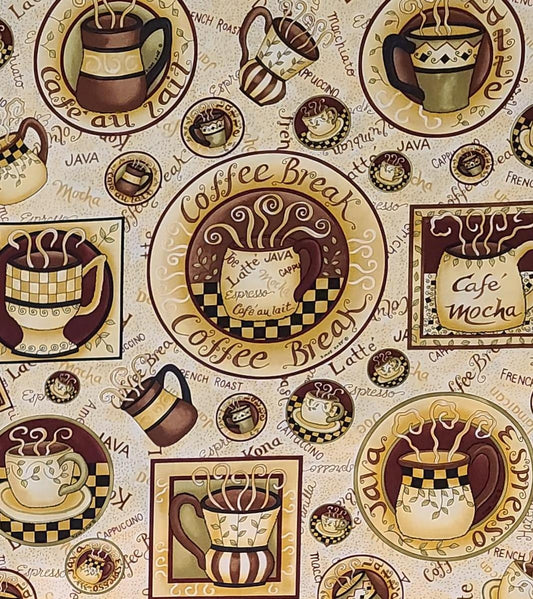 Coffee Break by Diane Knott for Clothworks - Cream Tonal Fabric / Brown, Gold Coffee Print