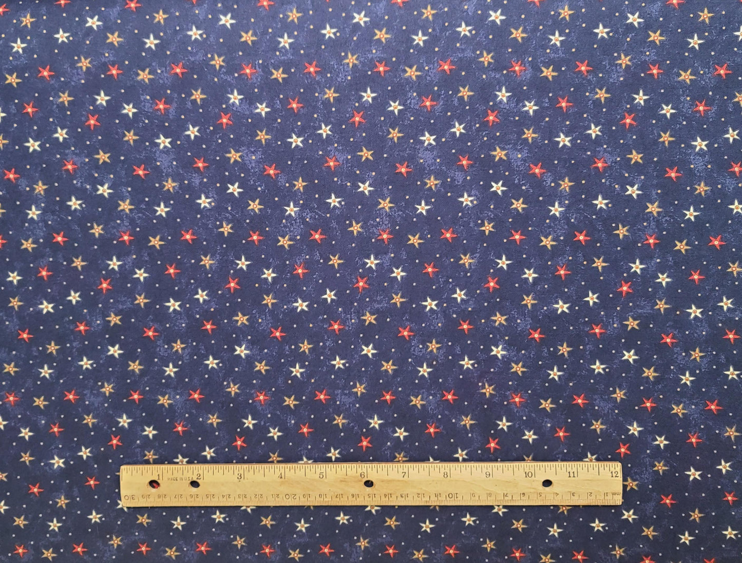 All Things Christmas Sandi Gervais for Moda - Dark Blue Tonal Fabric / Red, Tan, White Star Print / Tan Pin Dot