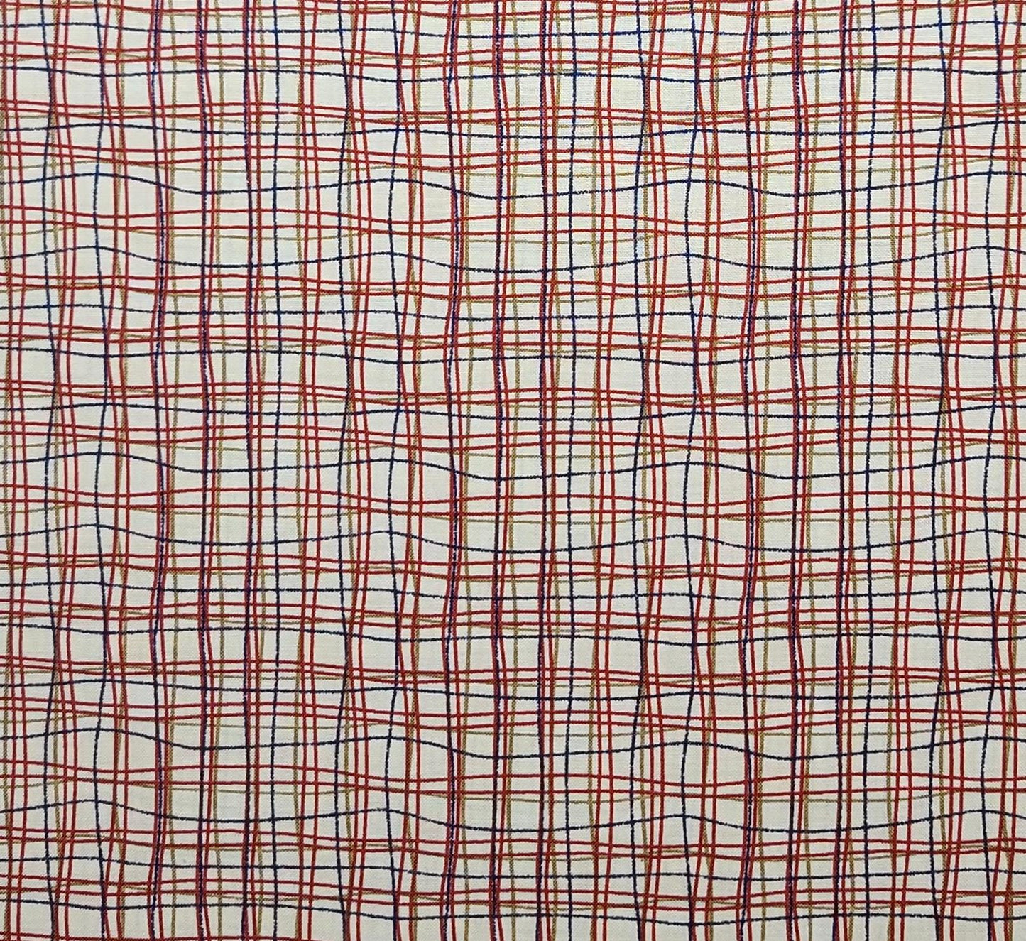 Cream Fabric / Red, Gold, Navy Wavy Plaid Print