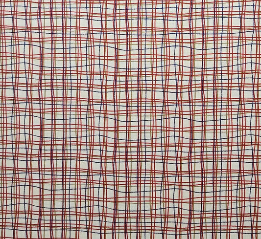 Cream Fabric / Red, Gold, Navy Wavy Plaid Print