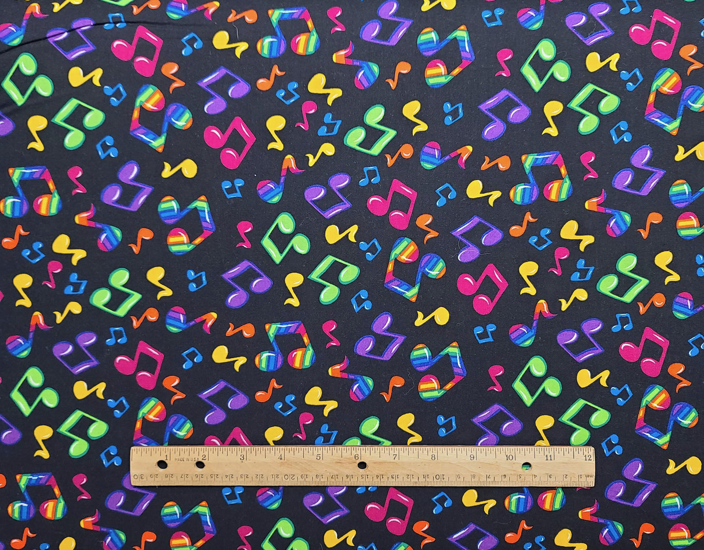 CS Shamash & Sons Inc Patt #2084 - Black Fabric / Brightly Colored Musical Notes