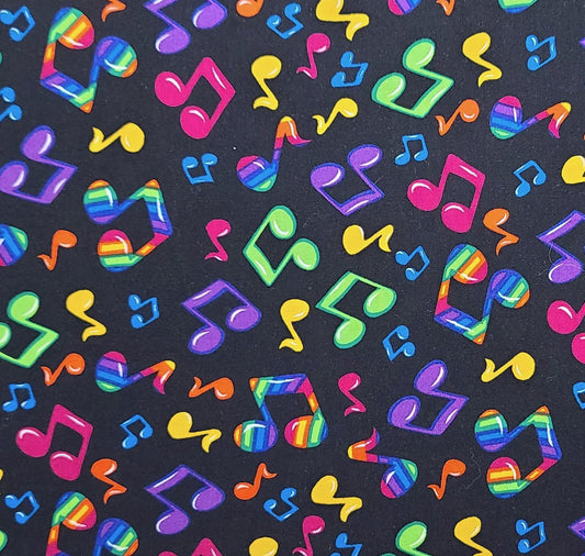 CS Shamash & Sons Inc Patt #2084 - Black Fabric / Brightly Colored Musical Notes