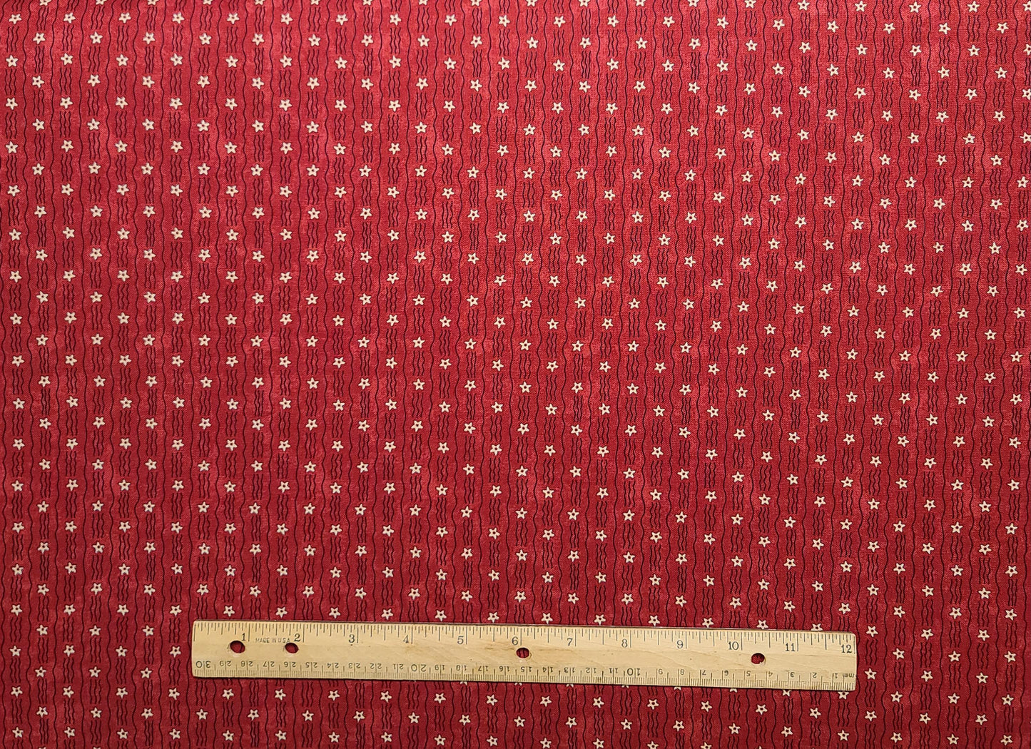 Olde Glory by Sandi Gervais for Moda - Dark Red Fabric / Black Vertical Wavy Stripe (Parallel to Selvage) Fabric / White Star