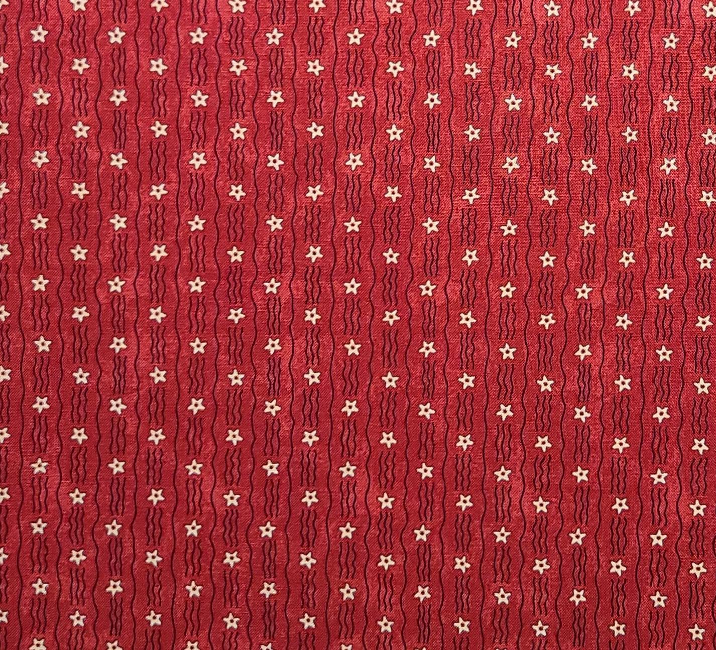 Olde Glory by Sandi Gervais for Moda - Dark Red Fabric / Black Vertical Wavy Stripe (Parallel to Selvage) Fabric / White Star