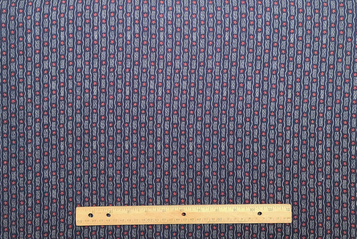 Olde Glory by Sandi Gervais for Moda - Navy Fabric / White Vertical Wavy Stripe (Parallel to Selvage) Fabric / Red Star