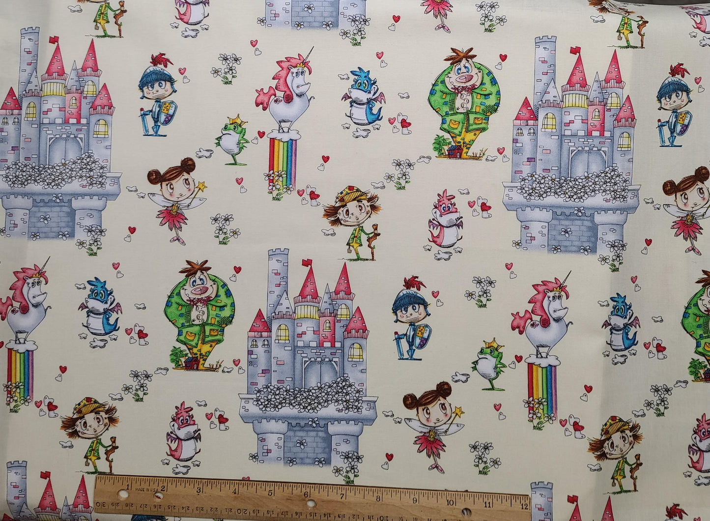 Believe in Magic by Eric Sturtevant for Studio E Fabrics Pattern #5467 - Ivory Fabric / Cartoon-Style Castle / Bright Pastel Print