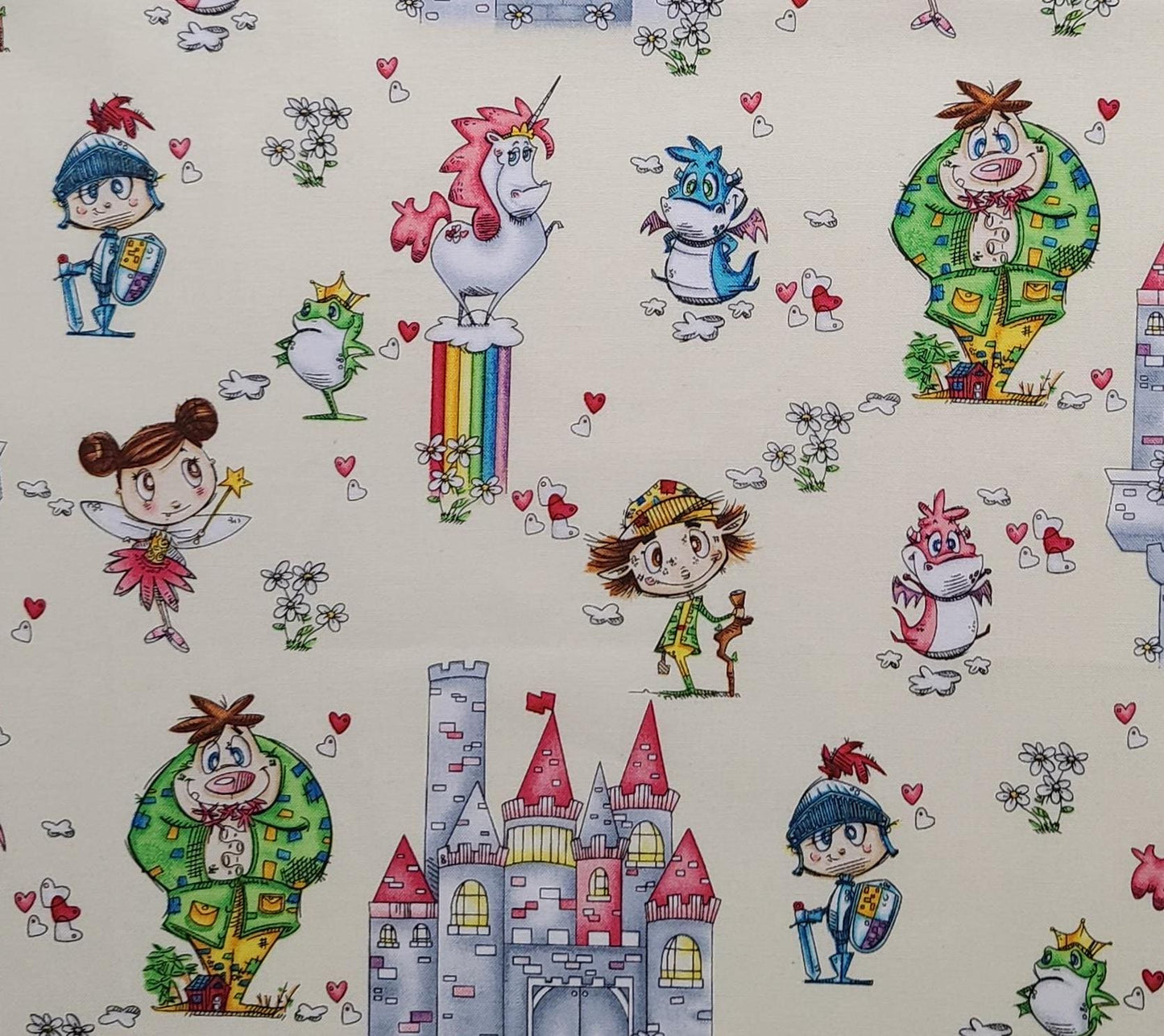 Believe in Magic by Eric Sturtevant for Studio E Fabrics Pattern #5467 - Ivory Fabric / Cartoon-Style Castle / Bright Pastel Print